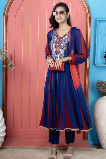 Royal-blue embroidered georgette anarkali trouser kurta dupatta readymade suits