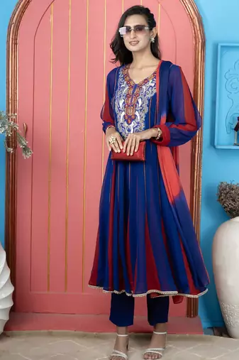 Royal-blue embroidered georgette anarkali trouser kurta dupatta readymade suits