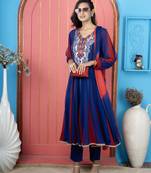 Royal-blue embroidered georgette anarkali trouser kurta dupatta readymade suits