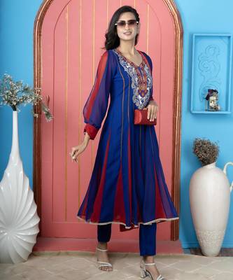 Royal-blue embroidered georgette anarkali trouser kurta dupatta readymade suits 2