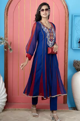 Royal-blue embroidered georgette anarkali trouser kurta dupatta readymade suits