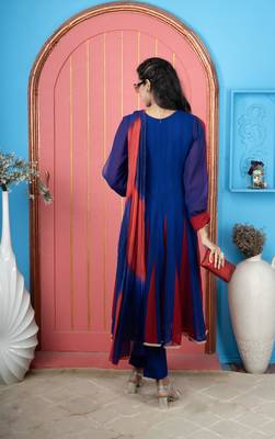 Royal-blue embroidered georgette anarkali trouser kurta dupatta readymade suits 3
