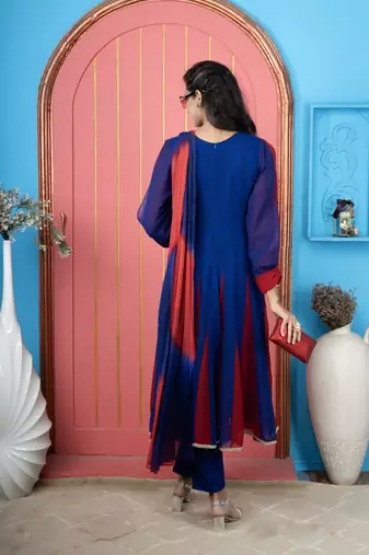 Royal-blue embroidered georgette anarkali trouser kurta dupatta readymade suits