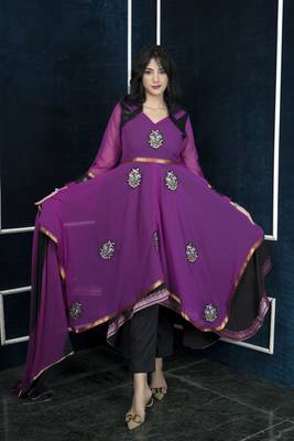 Pink embroidered georgette asymmetrical  trouser kurta dupatta readymade suits 1