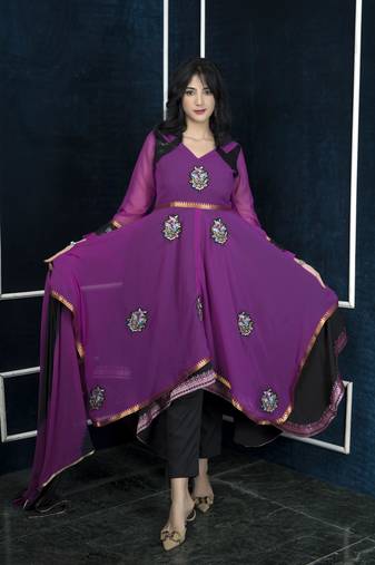 Pink embroidered georgette asymmetrical  trouser kurta dupatta readymade suits