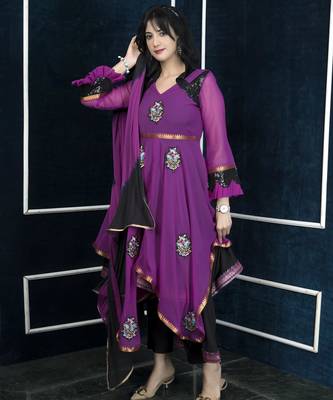 Pink embroidered georgette asymmetrical  trouser kurta dupatta readymade suits 2
