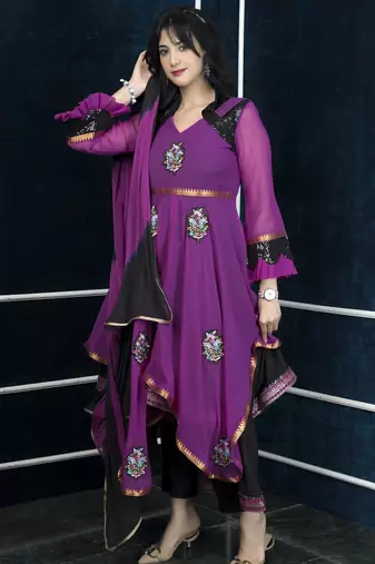 Pink embroidered georgette asymmetrical  trouser kurta dupatta readymade suits