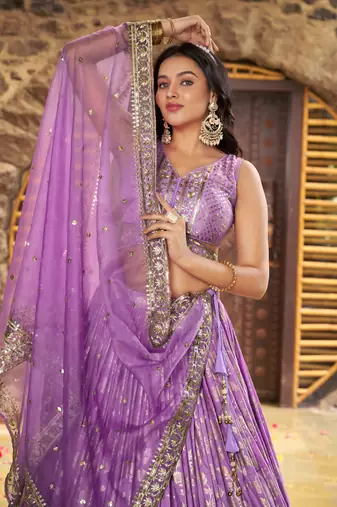 LAVENDER DOLA SILK SEQUINS ZARI EMBROIDERED LEHENGA CHOLI