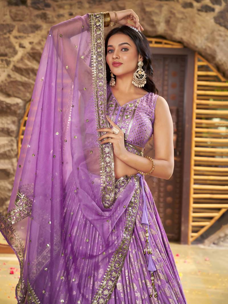 LAVENDER DOLA SILK SEQUINS ZARI EMBROIDERED LEHENGA CHOLI