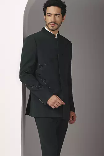 Green embroidered cotton bandhgala