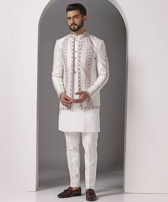Ivory embroidered raw silk indo western 1