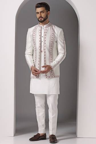 Ivory embroidered raw silk indo western