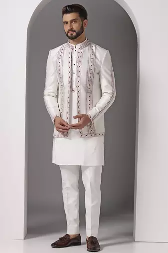 Ivory embroidered raw silk indo western