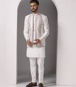 Ivory embroidered raw silk indo western