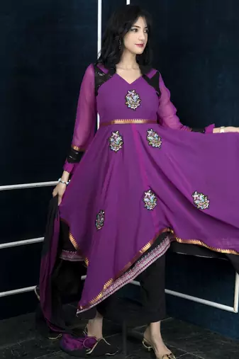 Pink embroidered georgette asymmetrical  trouser kurta dupatta readymade suits