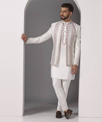 Ivory embroidered raw silk indo western 3