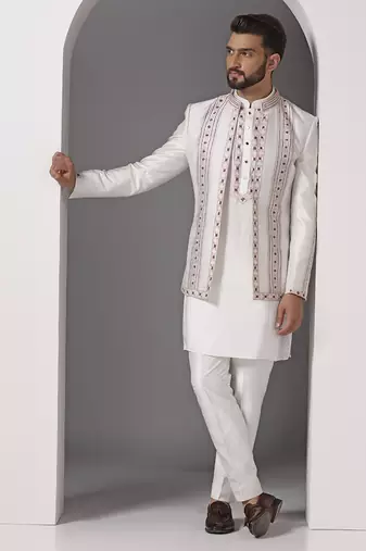 Ivory embroidered raw silk indo western