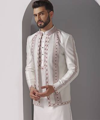 Ivory embroidered raw silk indo western 4