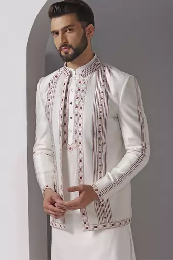 Ivory embroidered raw silk indo western