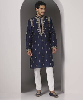 Blue embroidered raw silk kurta pajama 1