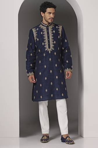 Blue embroidered raw silk kurta pajama