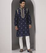 Blue embroidered raw silk kurta pajama