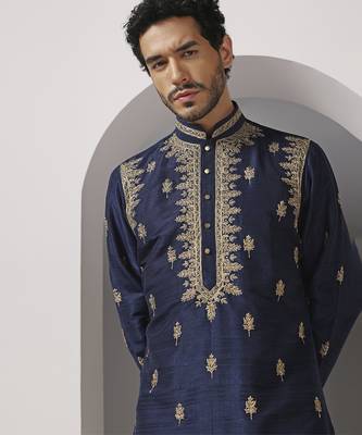Blue embroidered raw silk kurta pajama 2