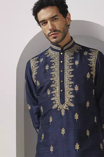 Blue embroidered raw silk kurta pajama