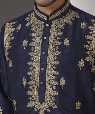 Blue embroidered raw silk kurta pajama 3