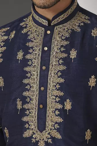 Blue embroidered raw silk kurta pajama