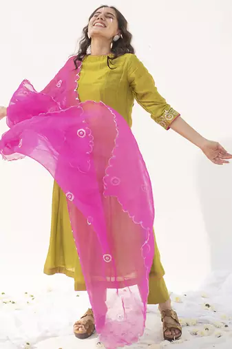 Green plain cotton silk kurta set