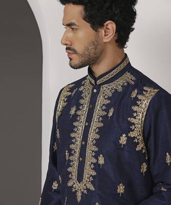 Blue embroidered raw silk kurta pajama 4