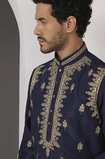 Blue embroidered raw silk kurta pajama