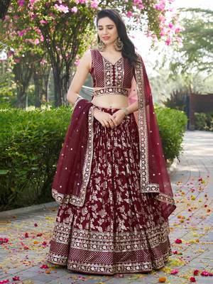 MAROON DOLA SILK SEQUINS ZARI EMBROIDERED LEHENGA CHOLI 1