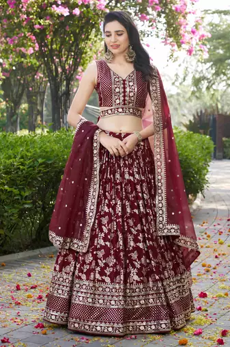 MAROON DOLA SILK SEQUINS ZARI EMBROIDERED LEHENGA CHOLI