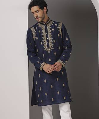 Blue embroidered raw silk kurta pajama 5