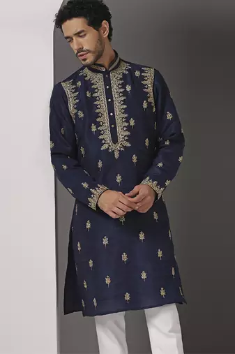Blue embroidered raw silk kurta pajama