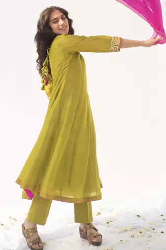 Green plain cotton silk kurta set