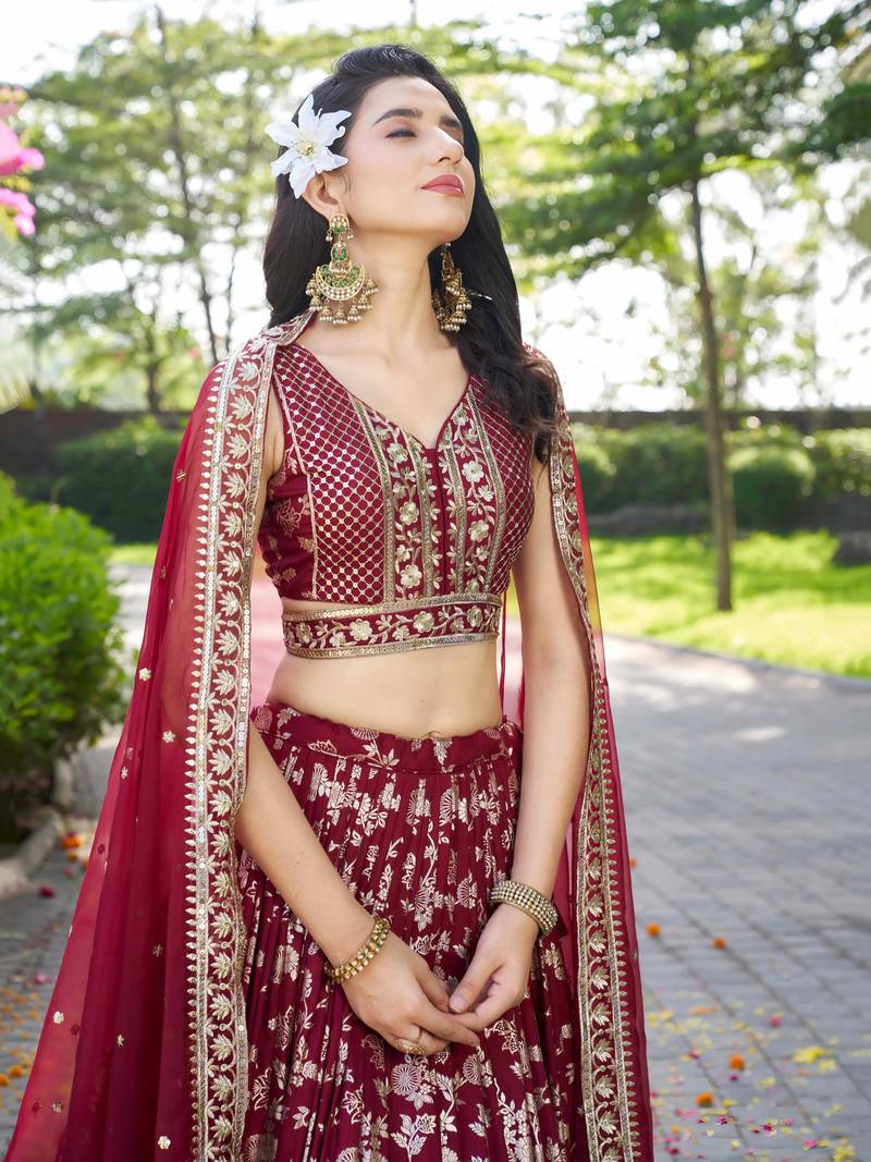 MAROON DOLA SILK SEQUINS ZARI EMBROIDERED LEHENGA CHOLI
