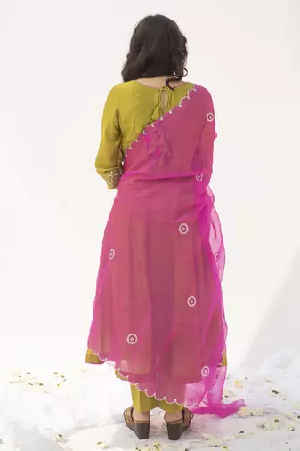 Green plain cotton silk kurta set