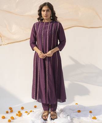 Purple printed cotton silk kurta set 1