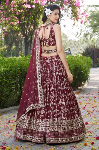 MAROON DOLA SILK SEQUINS ZARI EMBROIDERED LEHENGA CHOLI