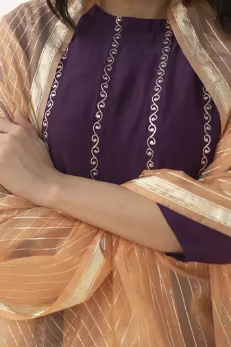 Purple printed cotton silk kurta set