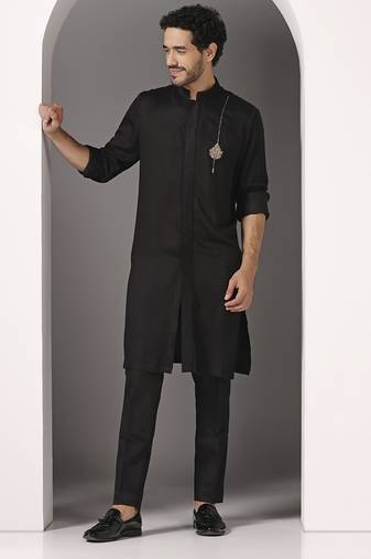 Black embroidered cotton kurta pajama