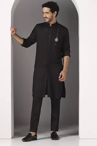 Black embroidered cotton kurta pajama