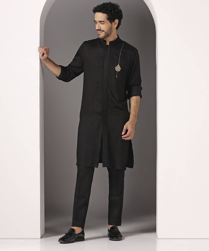 Black embroidered cotton kurta pajama