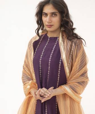 Purple printed cotton silk kurta set 3