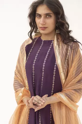 Purple printed cotton silk kurta set