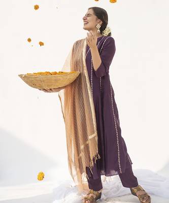Purple printed cotton silk kurta set 4