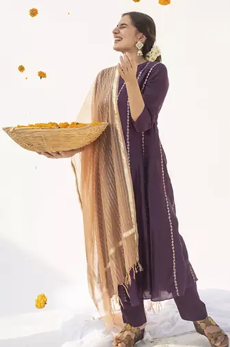 Purple printed cotton silk kurta set
